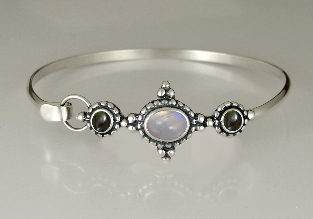 Sterling Silver Strap Latch Spring Hook Bangle Bracelet With Rainbow Moonstone And Spectrolite